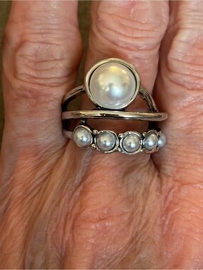 Silver Tone Faux Pearl Statement Ring Multi Row Modern Design